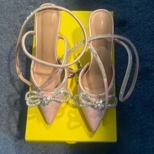 Pink satin with rhinestones and wrap ankle strap